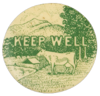 scanned button pin with the words 'keep well' over a farm landscape with cow, mountain, barn, and trees
