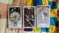 image of three tarot cards (wheel of fortune, six of pentacles, daughter of pentacles) from Kim Krans Wild Unknown deck